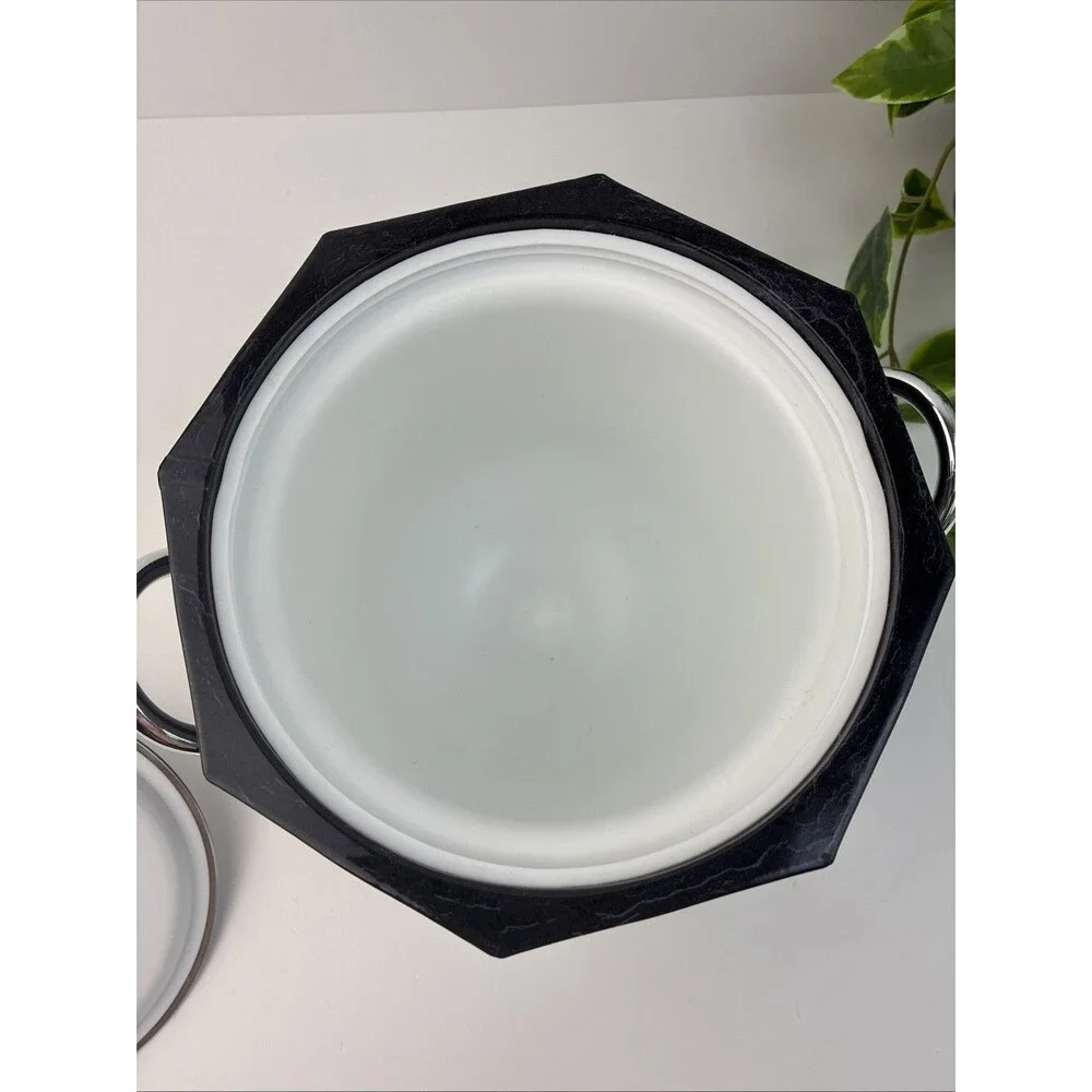 Ice Bucket Vintage 80s Elegance Kraftware Black Marble Silver Lid Handle USA